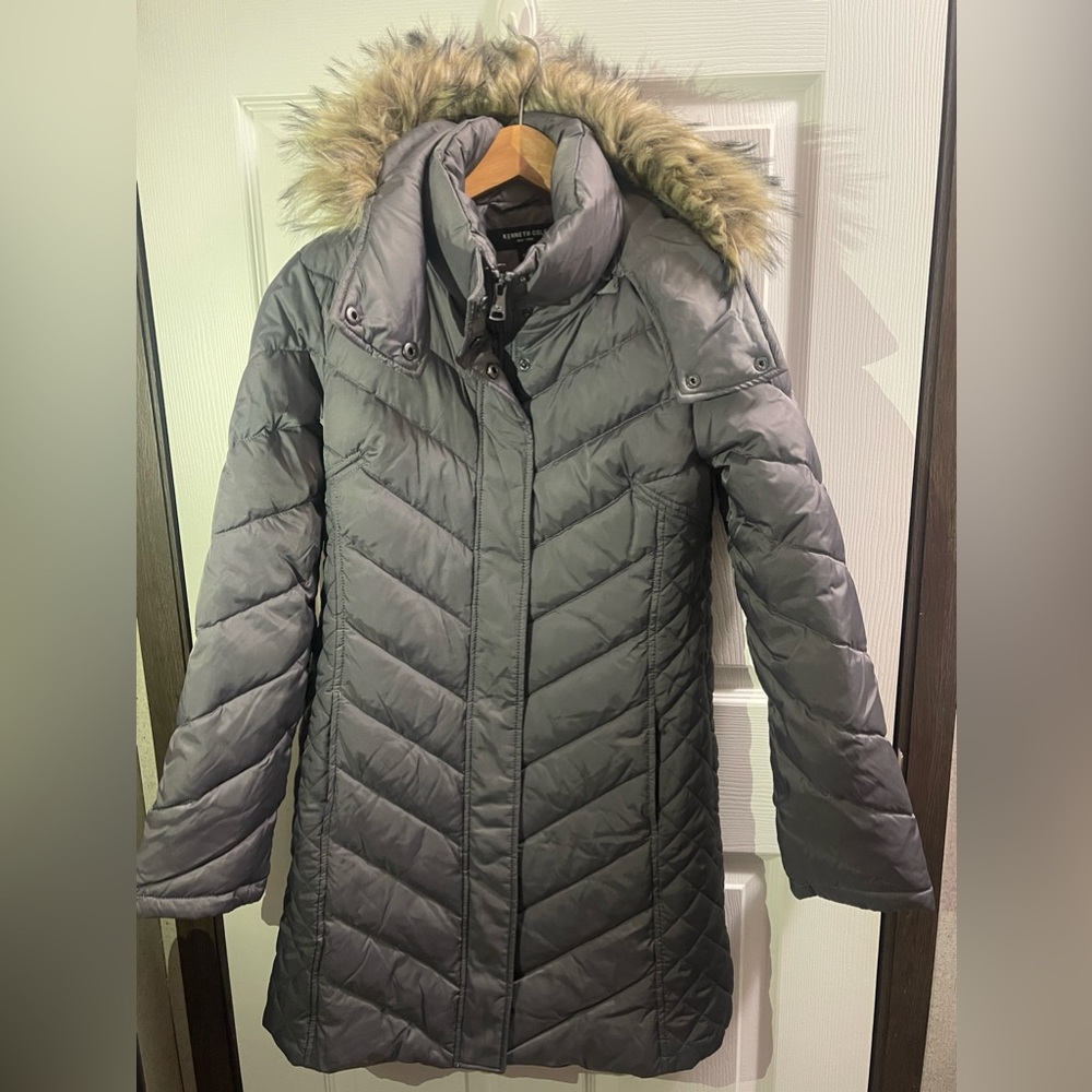 Kenneth Cole New York Puffer Faux Fur Trimmed Hood Women's Gray Small Coat